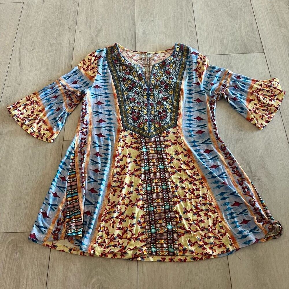 Soft Surrounding Fifi Embroidered Floral Tunic Top Colorful Bell Sleeve size L
